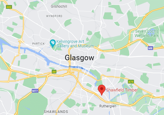 A google map view of Glasgow with a map point of Shawfield Timber in Rutherglen