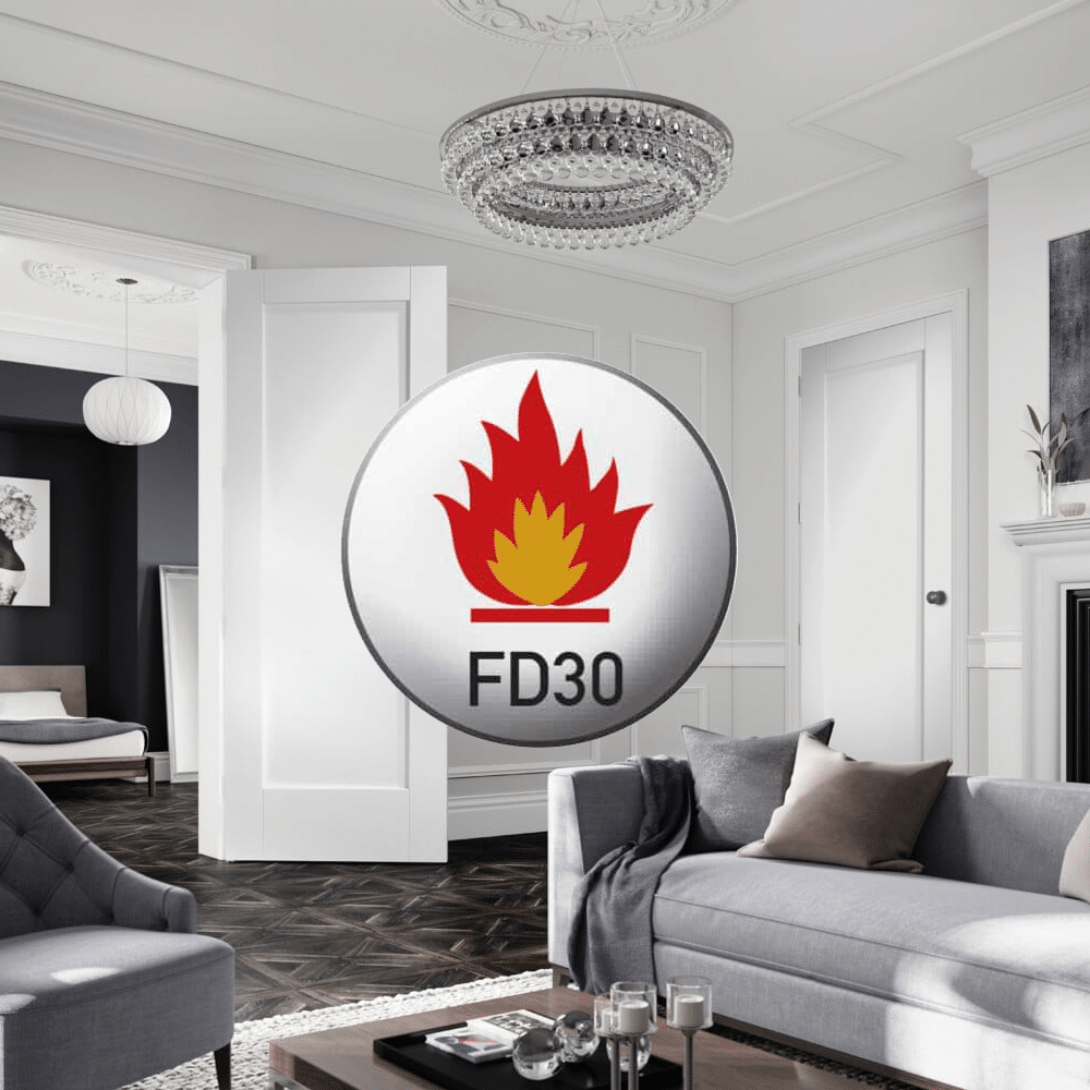 Background: a living room featuring two white pattern 10 doors. Foreground: a large logo entitled FD30 indicating the doors are fire doors rated to resist fire for 30 minutes