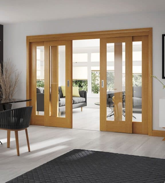 Pattern 10 Internal Oak Door with Clear Glass Sliding Doors